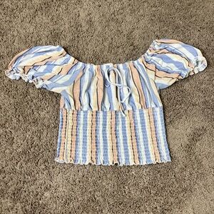 Love +‎ Joy Striped Smocked Off The Shoulder Crop Top M